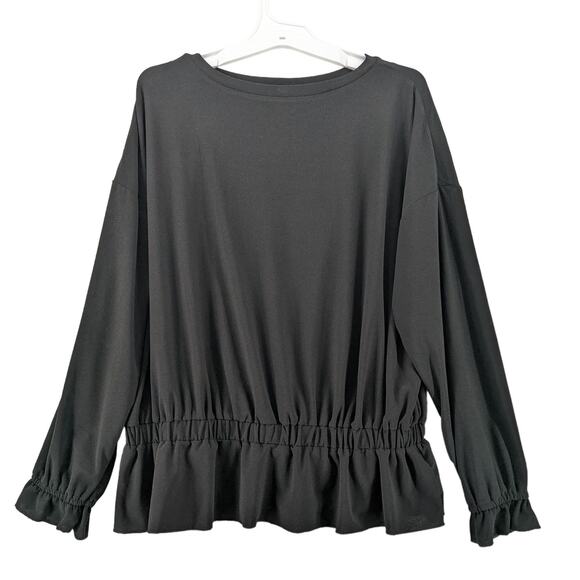 Willow Drive Blouse Medium Black Boat Neck Peplum Hem‎ Long Sleeves Ruffle Cuffs - Picture 1 of 12